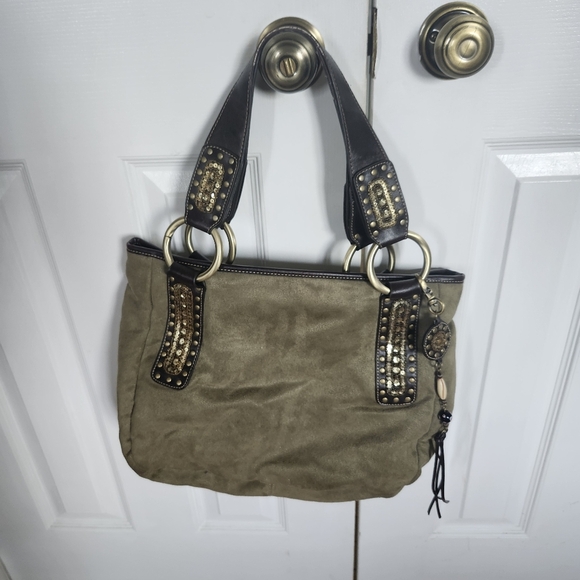 Franco Sarto Green and Brown Shoulder Bag with Gold Accent Vintage Boho Design - Picture 1 of 13